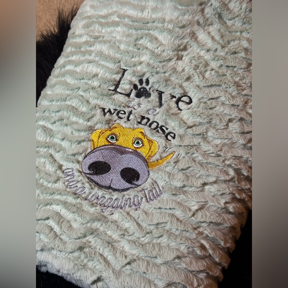 Mint throw blanket with custom dog love embroidery